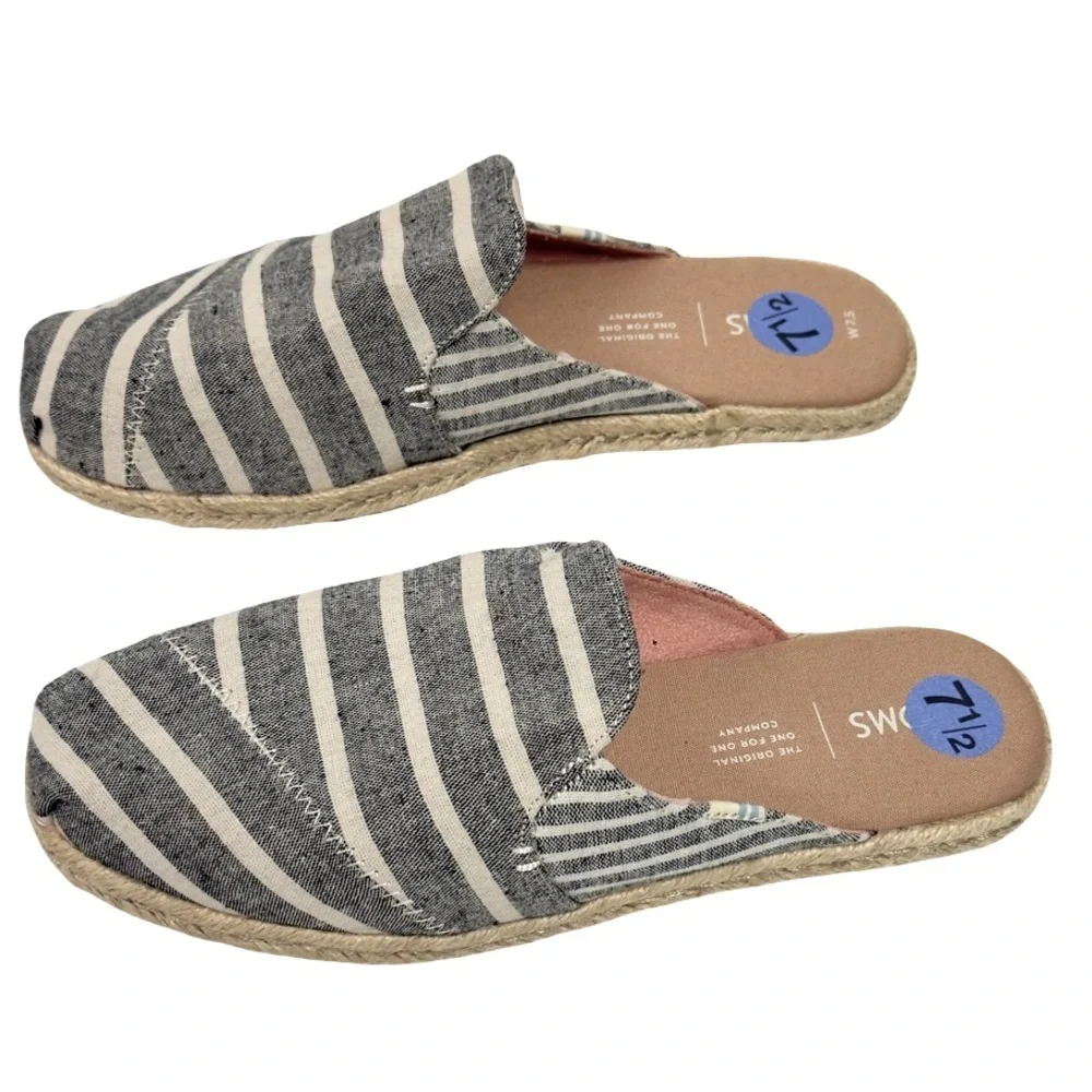 New TOMS Nova Espadrille Mules In Black Cabana Stripes Canvas Slip On Size 7.5